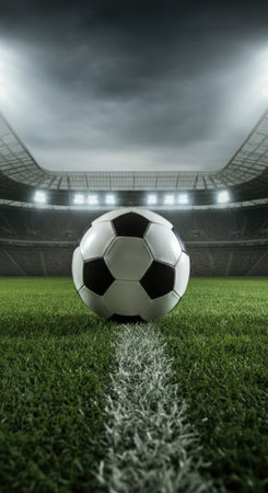 Dramatic Soccer Ball on Field with Stadium Lights at Night.の写真素材