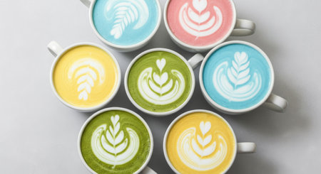 Colorful Assortment of Latte Art in Ceramic Cups on White Background.の写真素材
