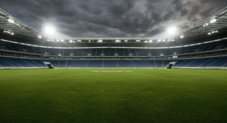 Impressive Empty Stadium Under Evening Sky Illuminated by Stadium Lights.の写真素材
