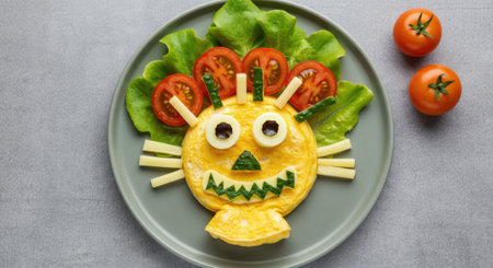 Creative Kids Breakfast Plate with Fun Egg Lion Design.の写真素材