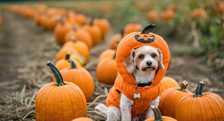 Adorable Dog in Pumpkin Costume at Pumpkin Patchの写真素材