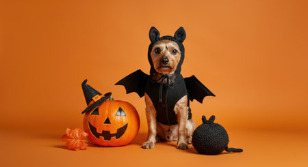 Halloween-Themed Dog in Bat Costume with Pumpkin on Orange Backgroundの写真素材