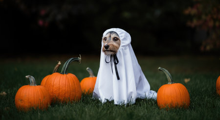 Dog Dressed as Ghost Sitting Among Pumpkins for Halloween.の写真素材