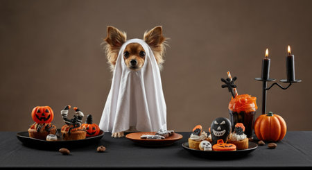 Chihuahua Dog in Ghost Costume Celebrating Halloween with Themed Decorations.の写真素材