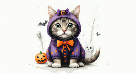 Adorable Cat in Witch Costume Celebrating Halloween, Spooky Cute Illustrationの写真素材