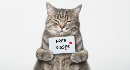 Smiling Cat Holding Free Kisses Sign Cute Feline Love Concept.の写真素材