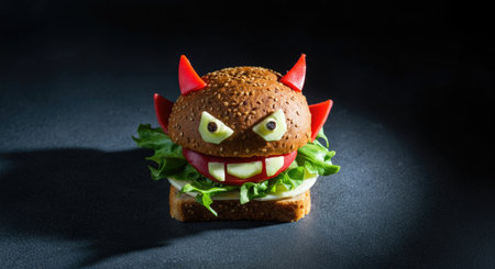 Creative Monster Burger with Devil Horns on Dark Background.の写真素材
