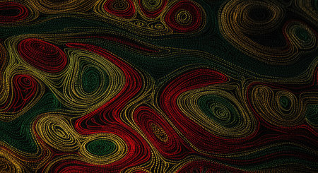 Dynamic abstract waves formed with intricate dotted lines in red, green, yellow, and black, symbolizing movement and cultural significance.の素材