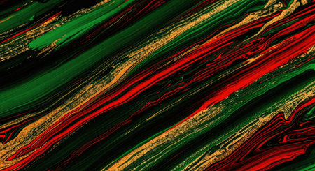 Dynamic abstract stripes of red, green, and gold with shimmering textures on a black background, representing culture, pride, and unity.の素材