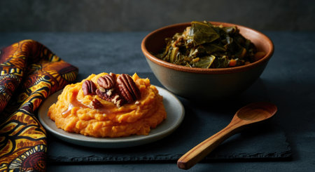 Mashed sweet potatoes garnished with pecans and syrup served alongside a bowl of cooked collard greens, presented with a patterned fabric and a wooden spoon on a dark slate surface.の素材