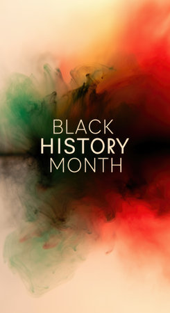 Black History Month lettering amidst vibrant swirling smoke in red, green, yellow, and black, symbolizing empowerment and cultural pride.の素材