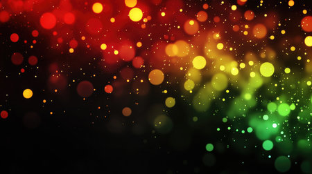 Colorful bokeh lights in red, yellow, and green tones on a black background, evoking a festive and celebratory atmosphere with warmth and vibrancy.の素材