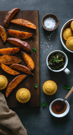 Rustic wooden board with roasted sweet potato wedges, golden cornbread muffins, a cup of collard greens, honey, and coarse salt, styled on a gray textured surface.の素材
