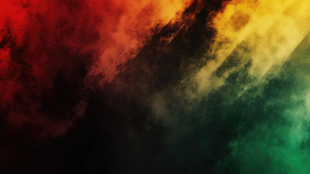 Abstract smoky gradient blending red, yellow, green, and black tones, creating a dynamic textured background symbolizing cultural pride and unity.の素材