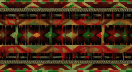 detailed African-inspired textile with bold geometric patterns in red, green, yellow, and black, showcasing intricate craftsmanship and cultural heritage.の素材