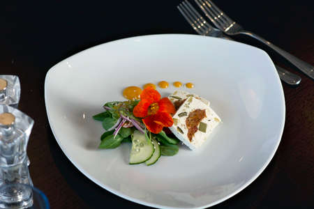 Beautiful restaurant meals, Cheese with salad, beautifully servedの写真素材