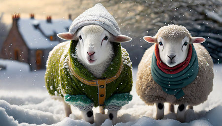 Sheep in the snow. Christmas and New Year concept. Winter landscape.の素材