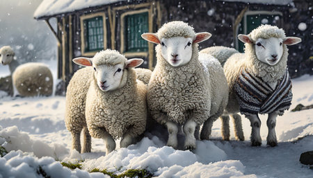 Sheep in the snowy landscape ,winter card illustrationの素材