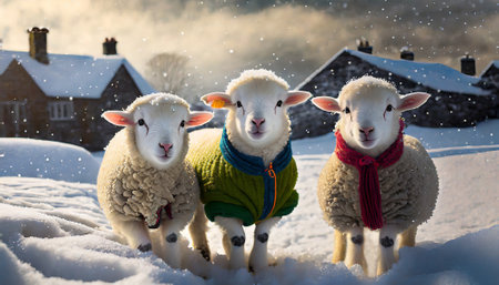 Cute sheep in the snowy countryside backgroundの素材