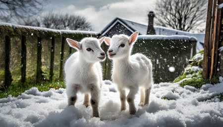 White baby goats in the snow,winter cardの素材