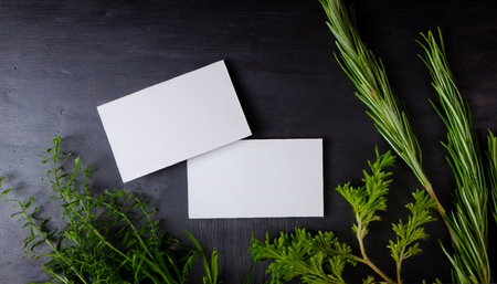 Set of white blank business card son black background with rosemary and thyme on sidesの素材