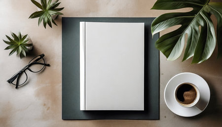 Blank book mockup on office desk table with coffee cup and plant.の素材