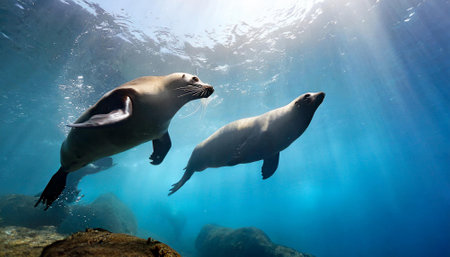seals in the water of the ocean in the rays of the sunの素材