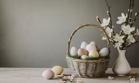 Easter eggs in a basket on a wooden table with spring flowersの素材