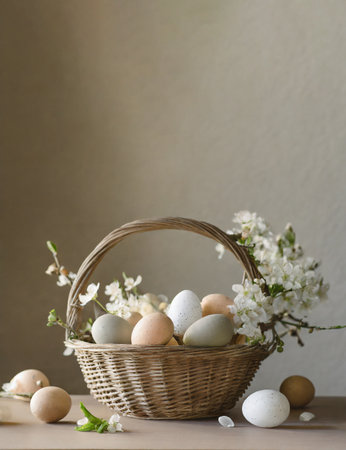 Easter eggs in a basket with spring flowers on a neutral backgroundの素材