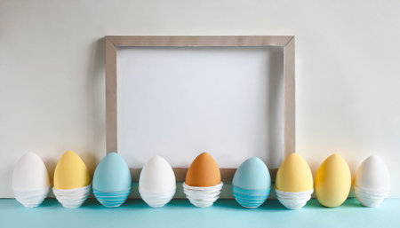 Easter eggs with white frame on pastel blue and white backgroundの素材