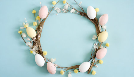Easter wreath with eggs and spring flowers on pastel blue backgroundの素材