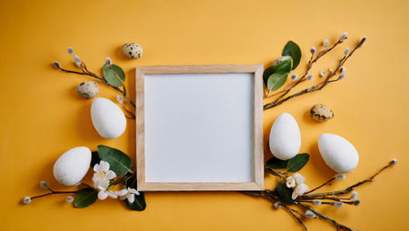 Easter background with white eggs, willow branches and frame on yellow backgroundの素材