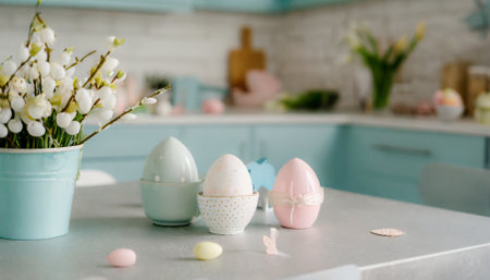 Easter eggs and spring flowers on a table in the kitchen.の素材