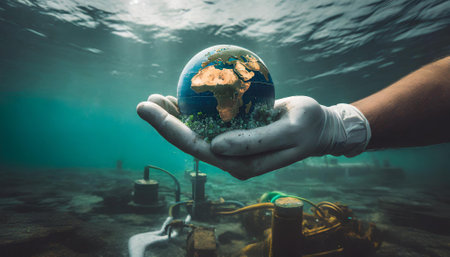 Hand in a latex glove picking up planet Earth from the polluted ocean floor. Save the planet conceptの素材
