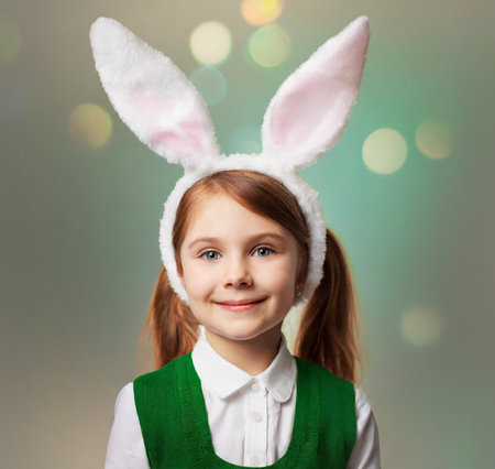 Cute little girl wearing bunny ears on a green gradient background with bokeh, blank space for textの素材