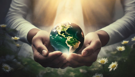 Close up of human hands holding Earth planet.の素材