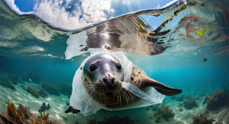 Underwater shot of a seal swimming in the ocean stuck in a plastic bagの素材