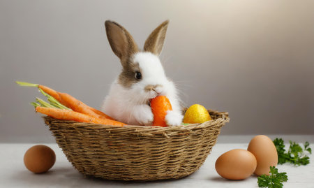 Easter bunny with carrot and eggs in a basket on a gray backgroundの素材