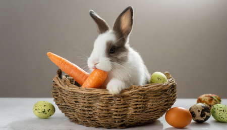 Easter bunny with carrot and easter eggs on a gray backgroundの素材