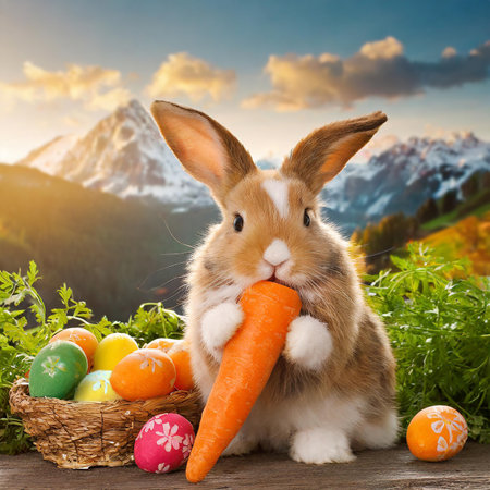 Easter bunny with basket of eggs and carrot on nature background.の素材