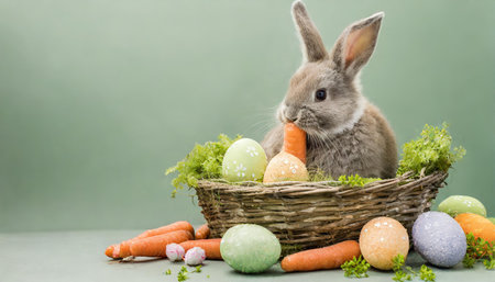 Easter bunny and easter eggs in a basket on green backgroundの素材