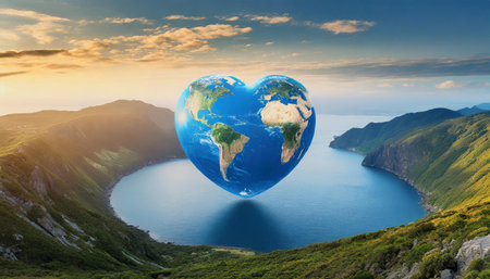 Heart shaped planet earth against the background of the sea and mountains.の素材