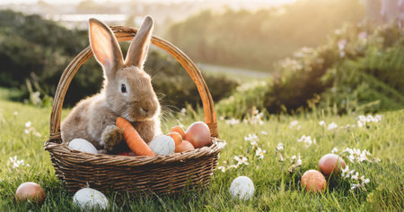 Easter bunny in a wicker basket on the grass with eggs.の素材