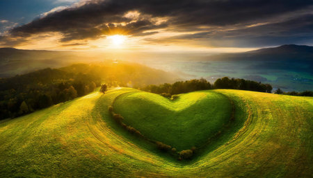 Heart shape on green meadow in the mountains at sunset. Beautiful summer landscapeの素材