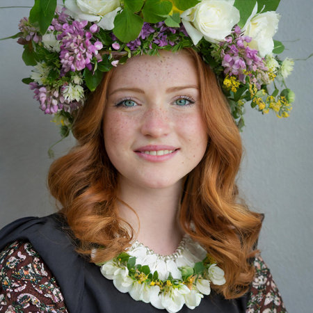 Portrait of a red-haired girl in a wreath of flowers.の素材