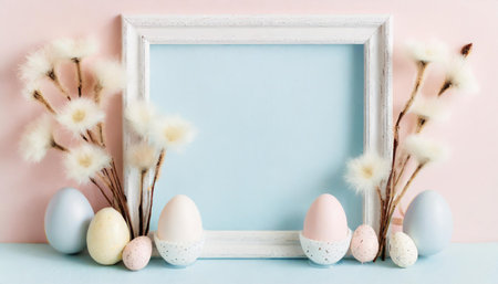 Easter eggs in a frame on a blue and pink background.の素材