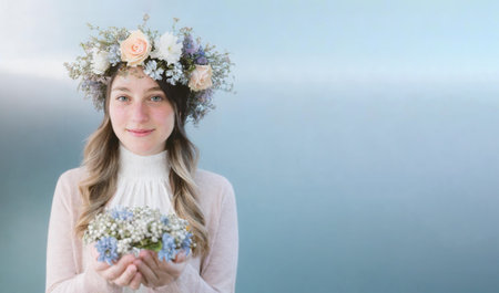 Portrait of a beautiful young girl with a wreath of flowers on her headの素材