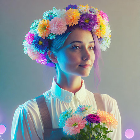 portrait of a girl with a bouquet of flowers in her hairの素材