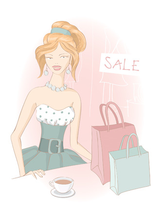 Retro shopping girls with shopping bags and cup of tea on sale. fashion illustration.のイラスト素材