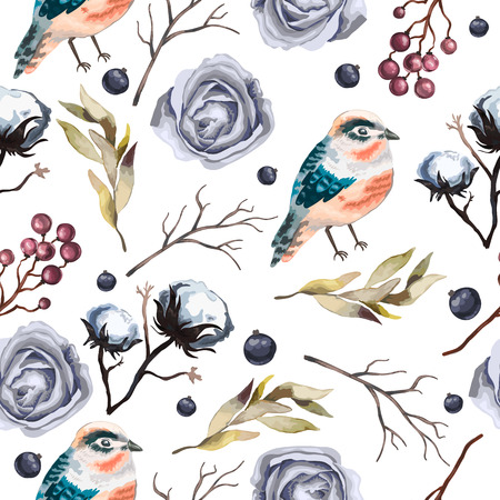 Seamless  vector pattern with flowers , branches, cotton,  bird, wild  Berry and leaves in vintage watercolor style. Hand drawn  vector illustration.のイラスト素材